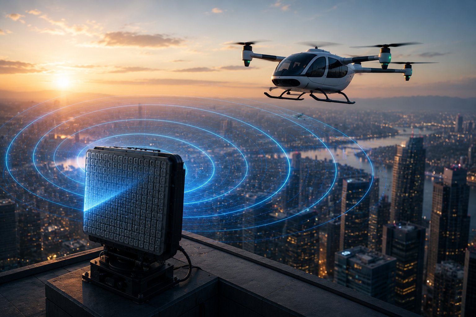 A Raider radar array tracking an autonomous air taxi over a city skyline at dusk