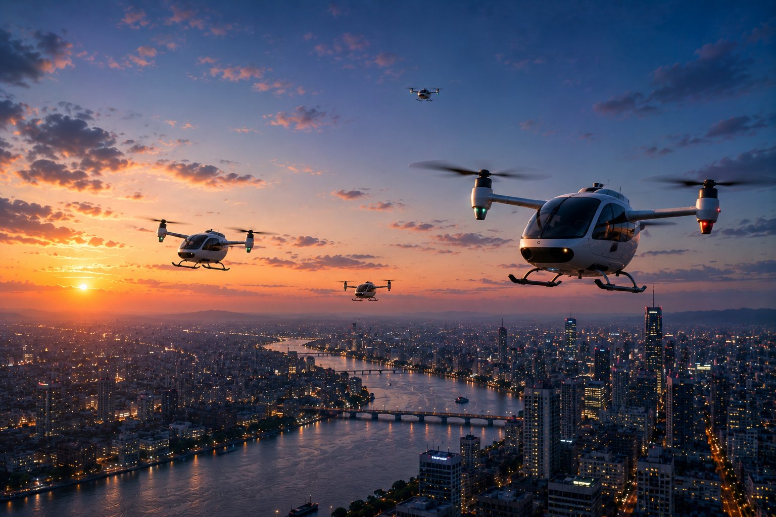 A fleet of autonomous air taxis flying over a city skyline at sunset