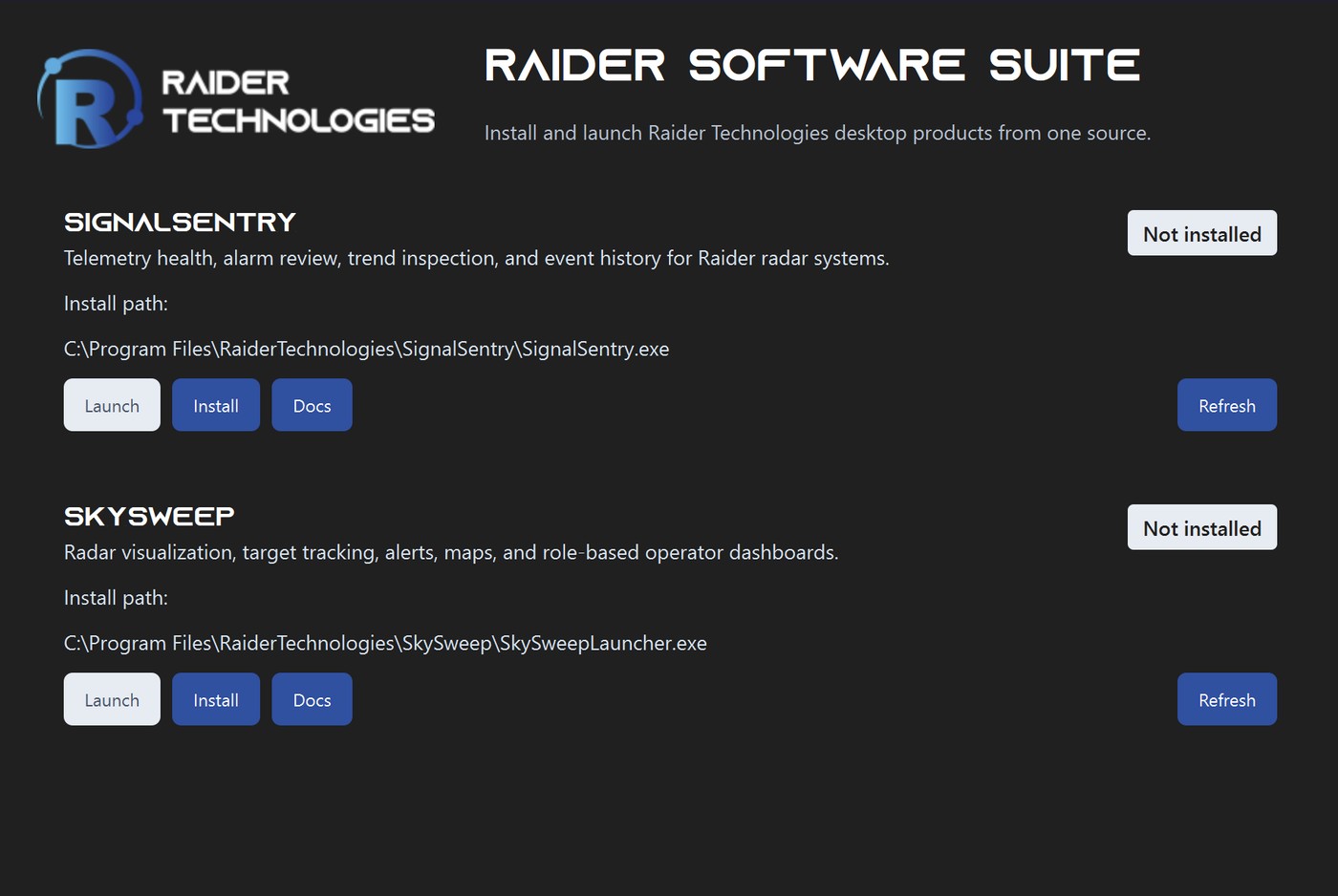 Raider Software Suite launcher — install and launch Raider desktop products from one source