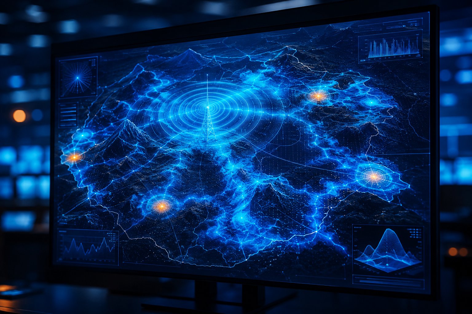 An RF propagation and coverage simulation displayed on a monitor
